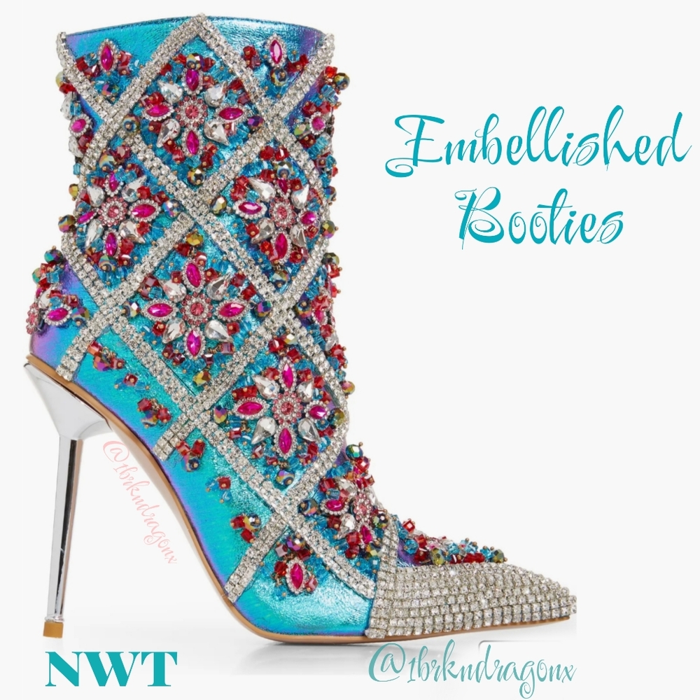 Azalea Wang Iridescent Art Deco Crystal Beaded Dress Stiletto Booties - Picture 8 of 17